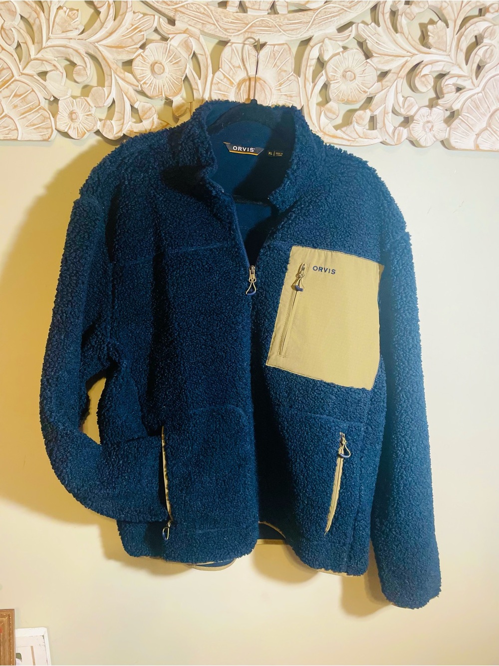 Orvis Men's Navy Fleece Jacket with Tan Chest Pocket